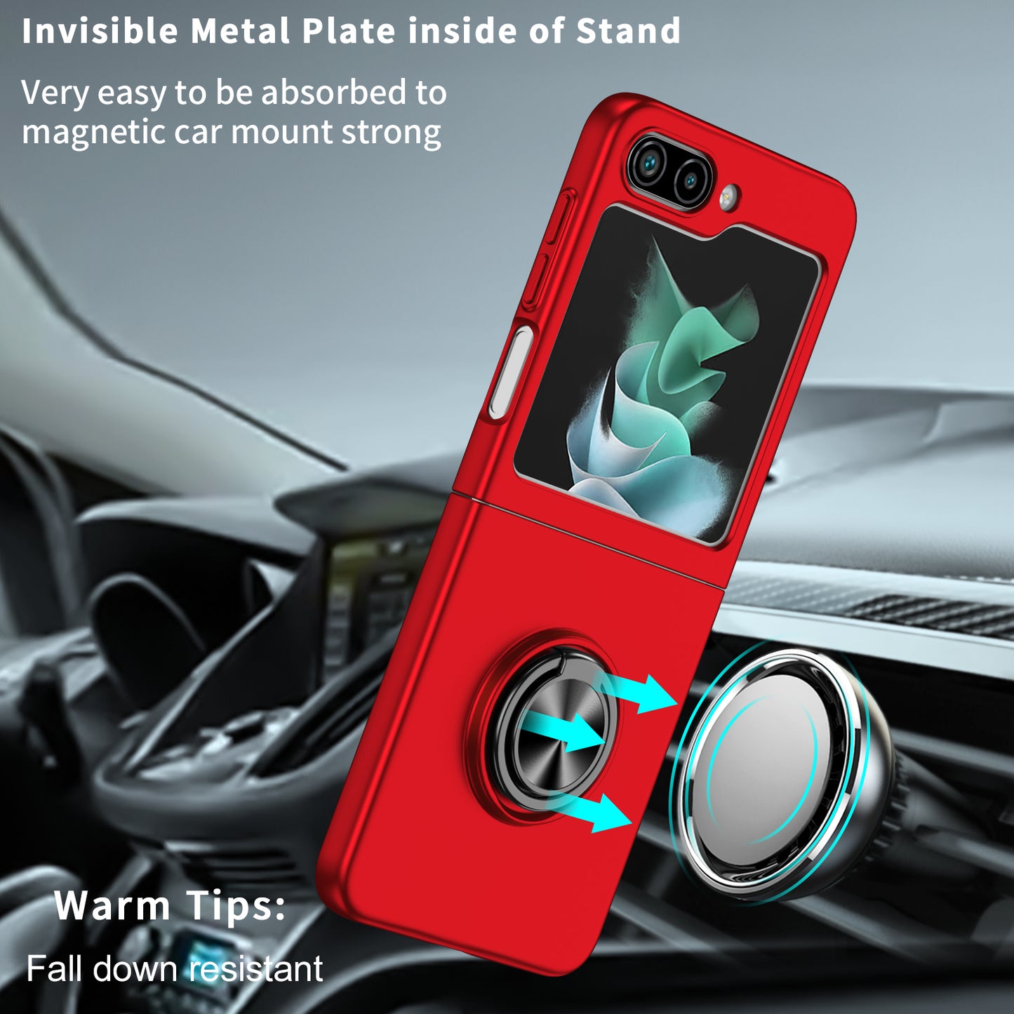 Uniqkart for Samsung Galaxy Z Flip5 5G Hard PC Phone Case Ring Kickstand Cover Support Magnetic Car Mount - Red