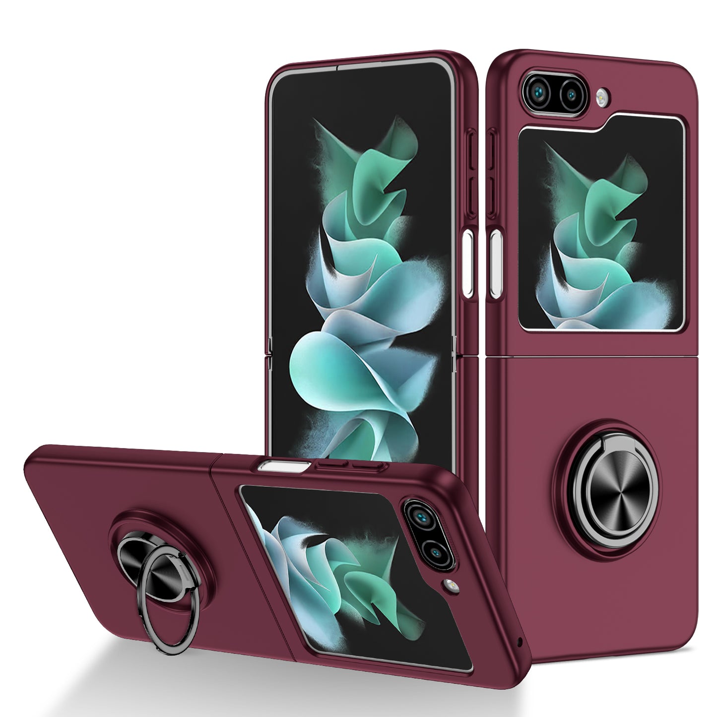 Uniqkart for Samsung Galaxy Z Flip5 5G Hard PC Phone Case Ring Kickstand Cover Support Magnetic Car Mount - Wine Red