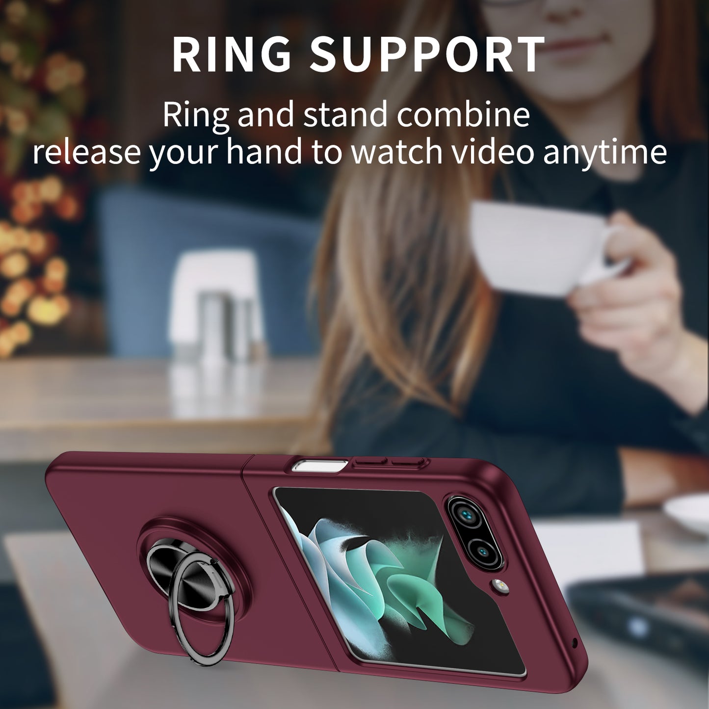 Uniqkart for Samsung Galaxy Z Flip5 5G Hard PC Phone Case Ring Kickstand Cover Support Magnetic Car Mount - Wine Red