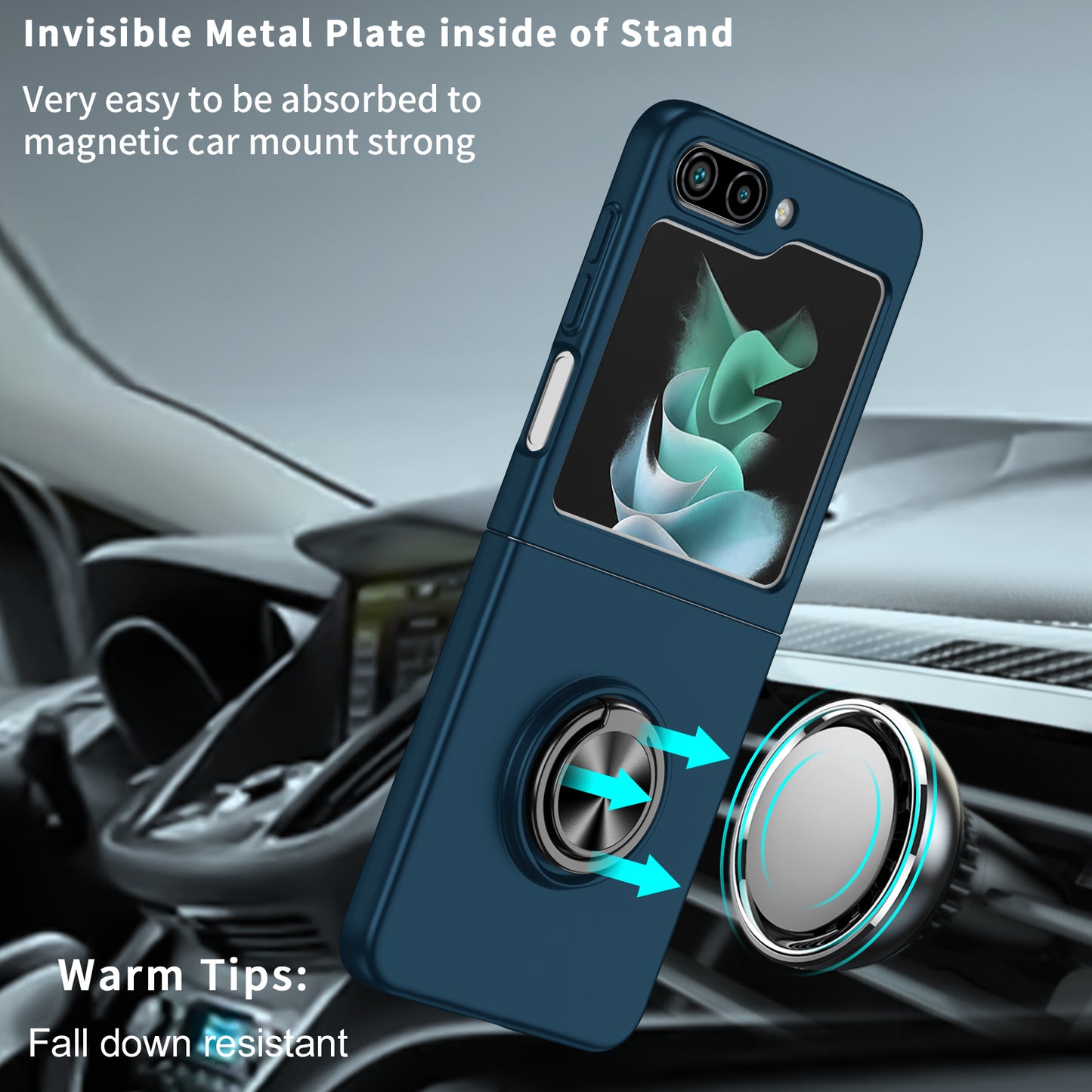 Uniqkart for Samsung Galaxy Z Flip5 5G Hard PC Phone Case Ring Kickstand Cover Support Magnetic Car Mount - Dark Blue