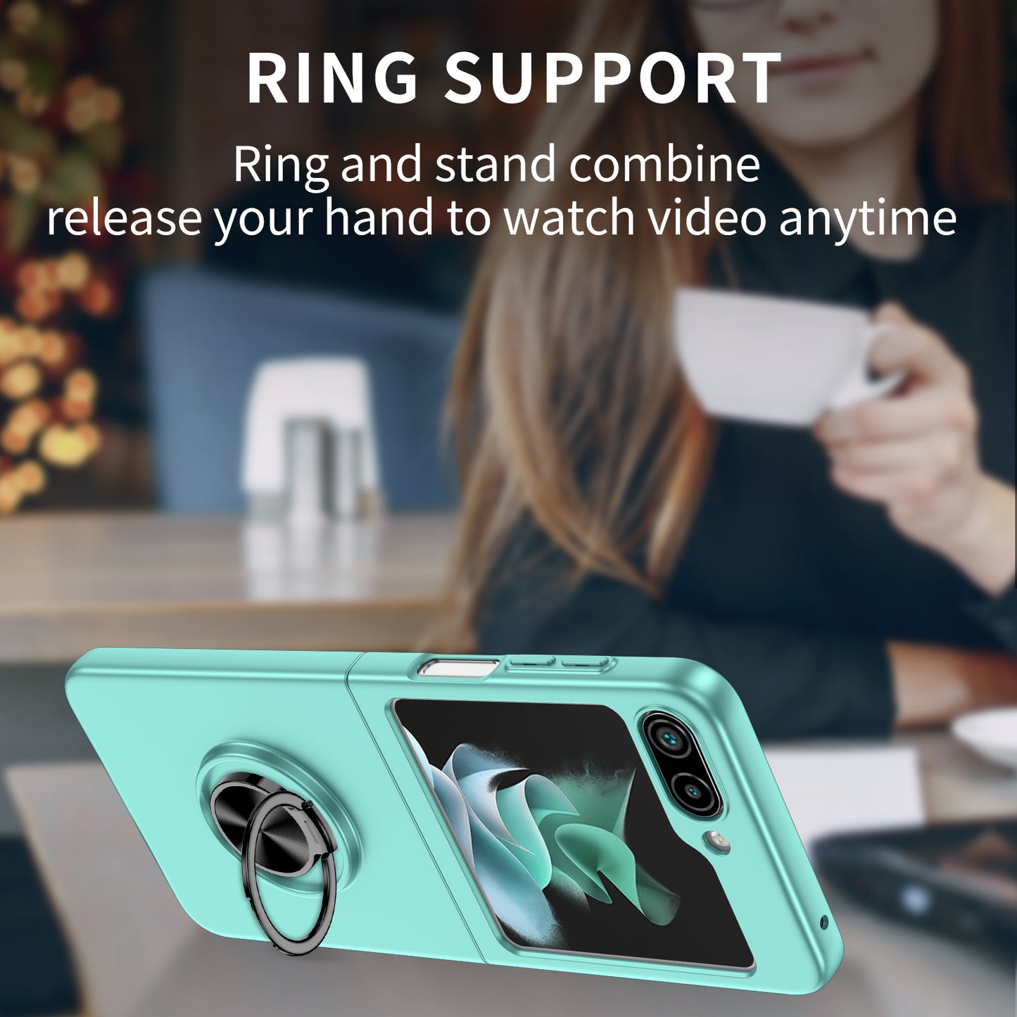 Uniqkart for Samsung Galaxy Z Flip5 5G Hard PC Phone Case Ring Kickstand Cover Support Magnetic Car Mount - Sky Blue