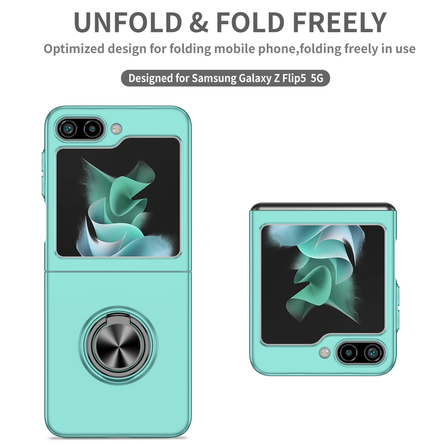 Uniqkart for Samsung Galaxy Z Flip5 5G Hard PC Phone Case Ring Kickstand Cover Support Magnetic Car Mount - Sky Blue