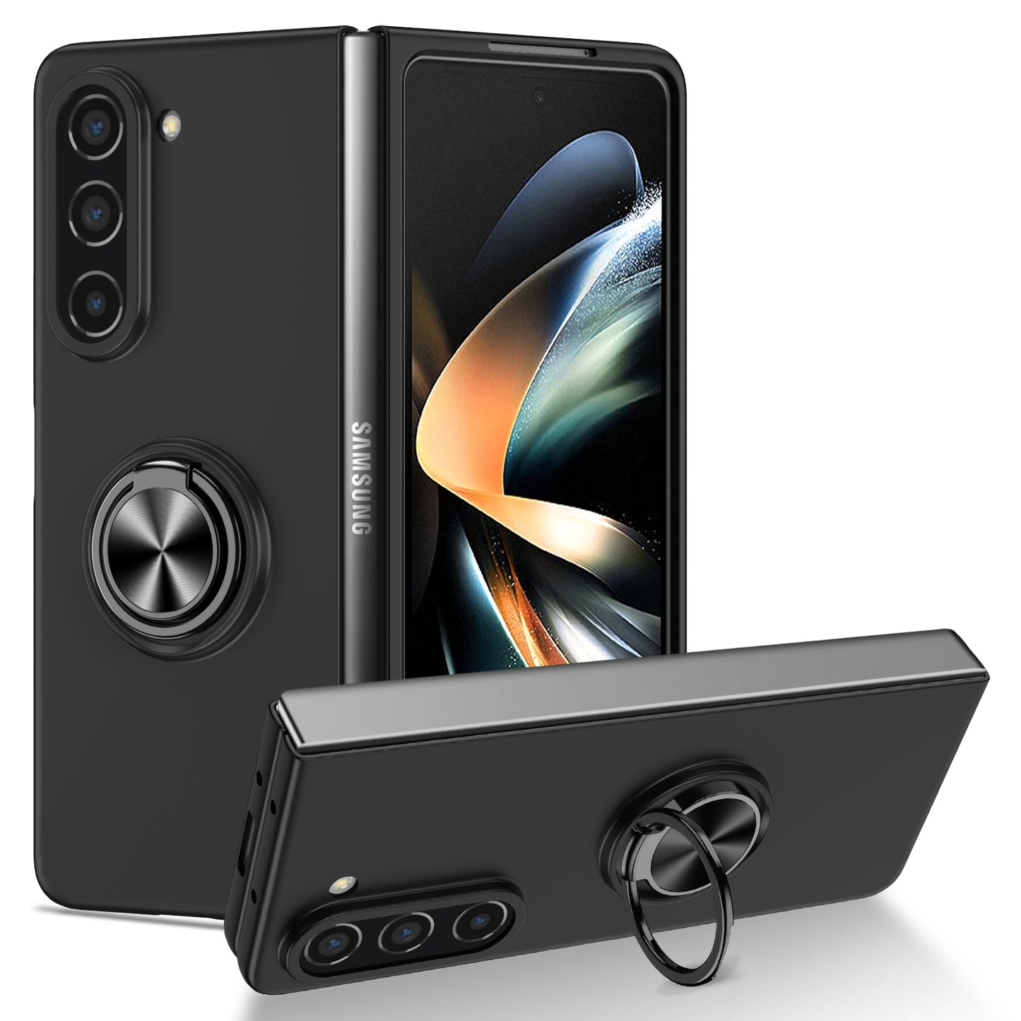 Uniqkart for Samsung Galaxy Z Fold5 5G Ring Kickstand Phone Case Support Car Mount Hard PC Protective Cover - Black