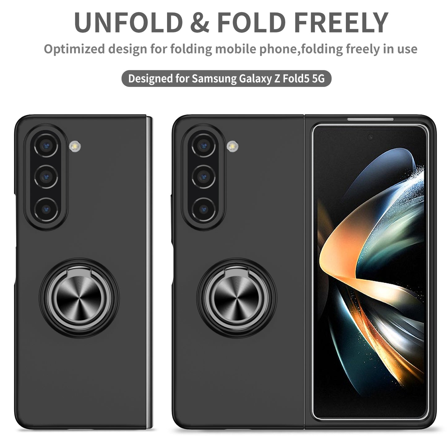 Uniqkart for Samsung Galaxy Z Fold5 5G Ring Kickstand Phone Case Support Car Mount Hard PC Protective Cover - Black