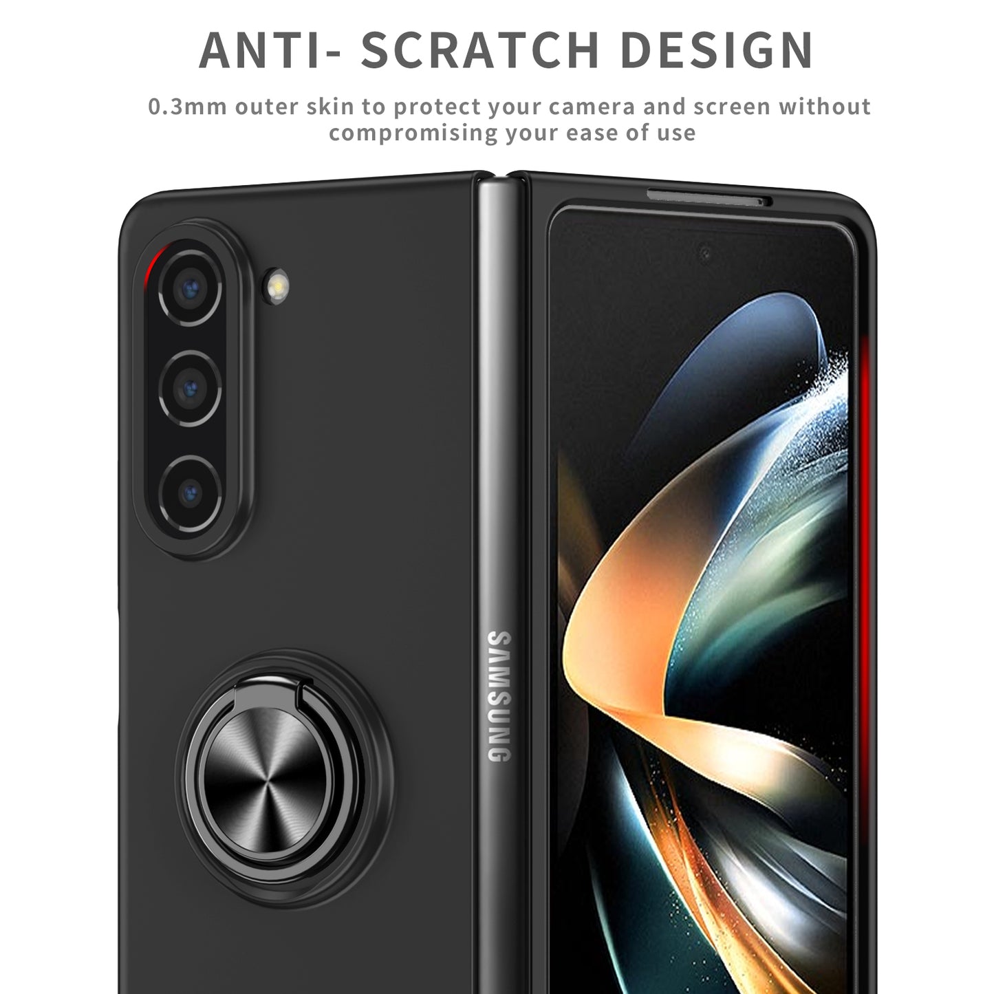 Uniqkart for Samsung Galaxy Z Fold5 5G Ring Kickstand Phone Case Support Car Mount Hard PC Protective Cover - Black