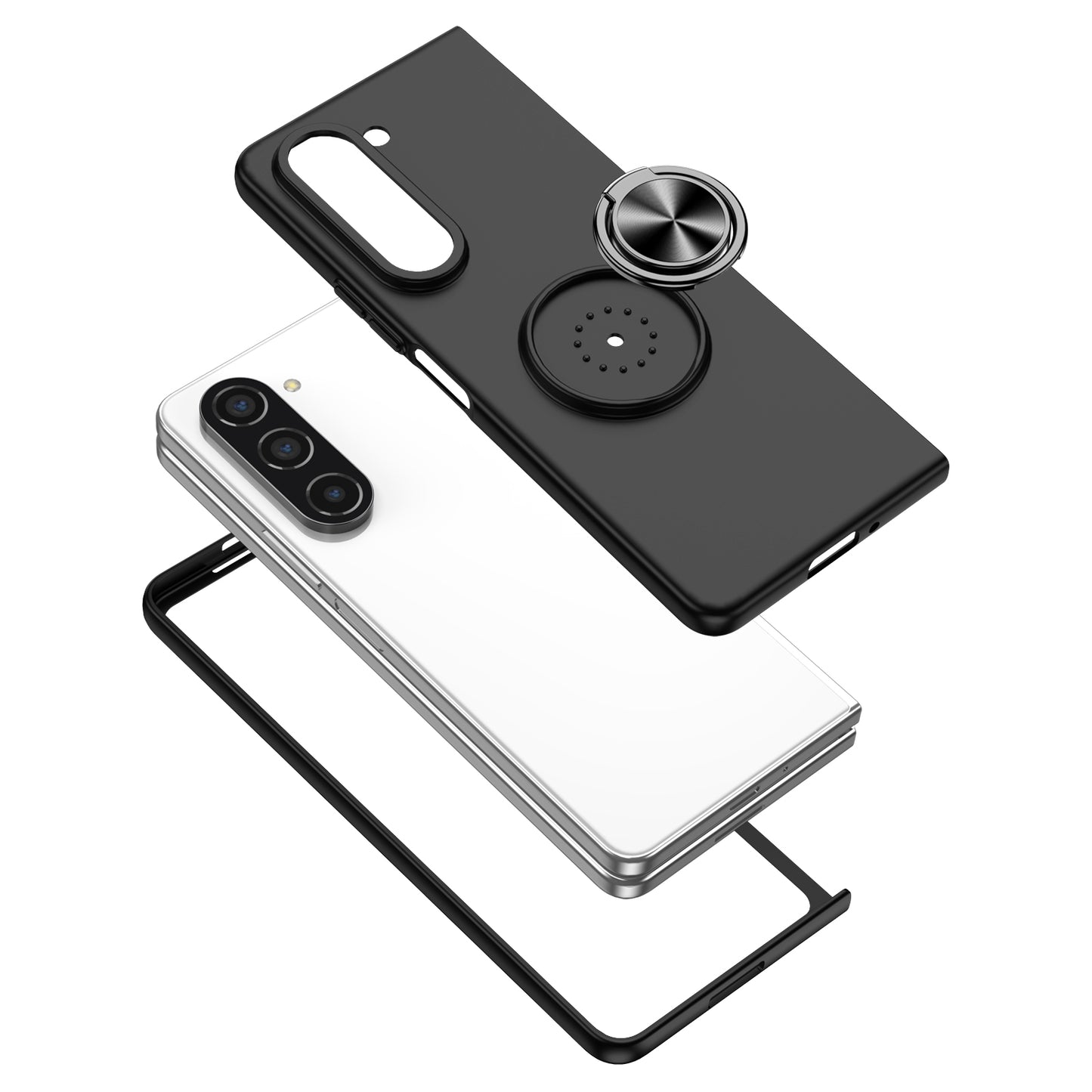 Uniqkart for Samsung Galaxy Z Fold5 5G Ring Kickstand Phone Case Support Car Mount Hard PC Protective Cover - Black