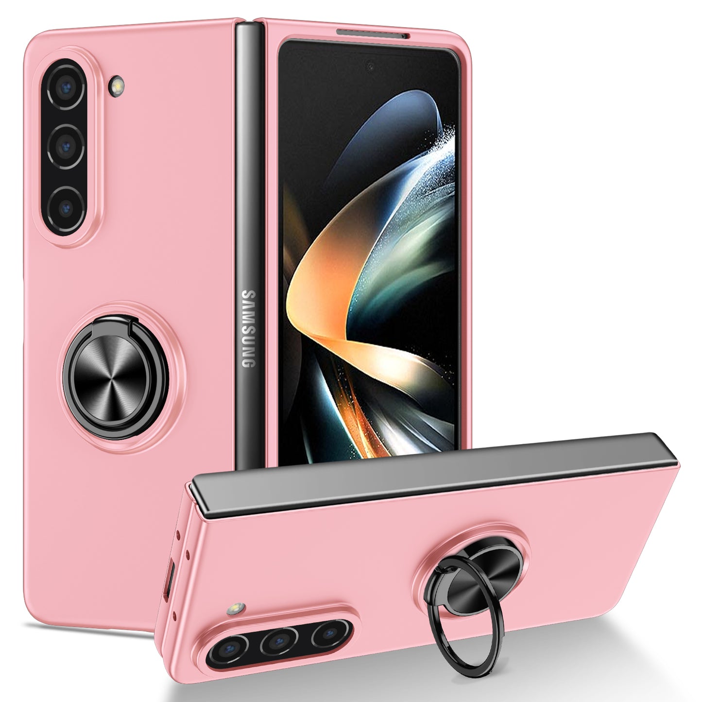 Uniqkart for Samsung Galaxy Z Fold5 5G Ring Kickstand Phone Case Support Car Mount Hard PC Protective Cover - Pink