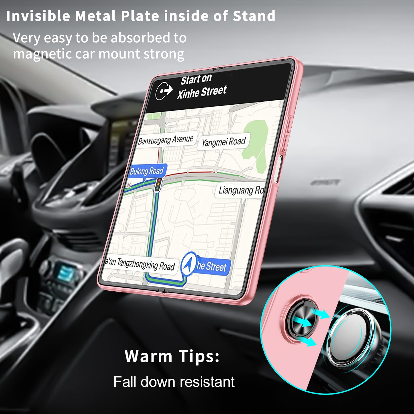 Uniqkart for Samsung Galaxy Z Fold5 5G Ring Kickstand Phone Case Support Car Mount Hard PC Protective Cover - Pink