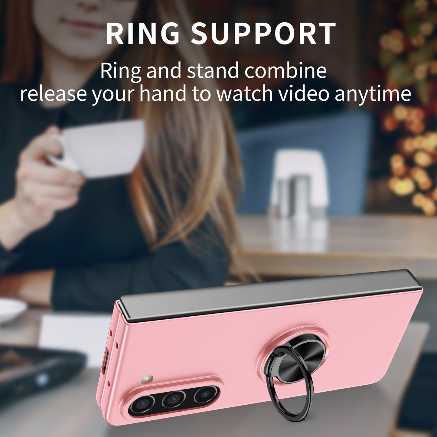 Uniqkart for Samsung Galaxy Z Fold5 5G Ring Kickstand Phone Case Support Car Mount Hard PC Protective Cover - Pink