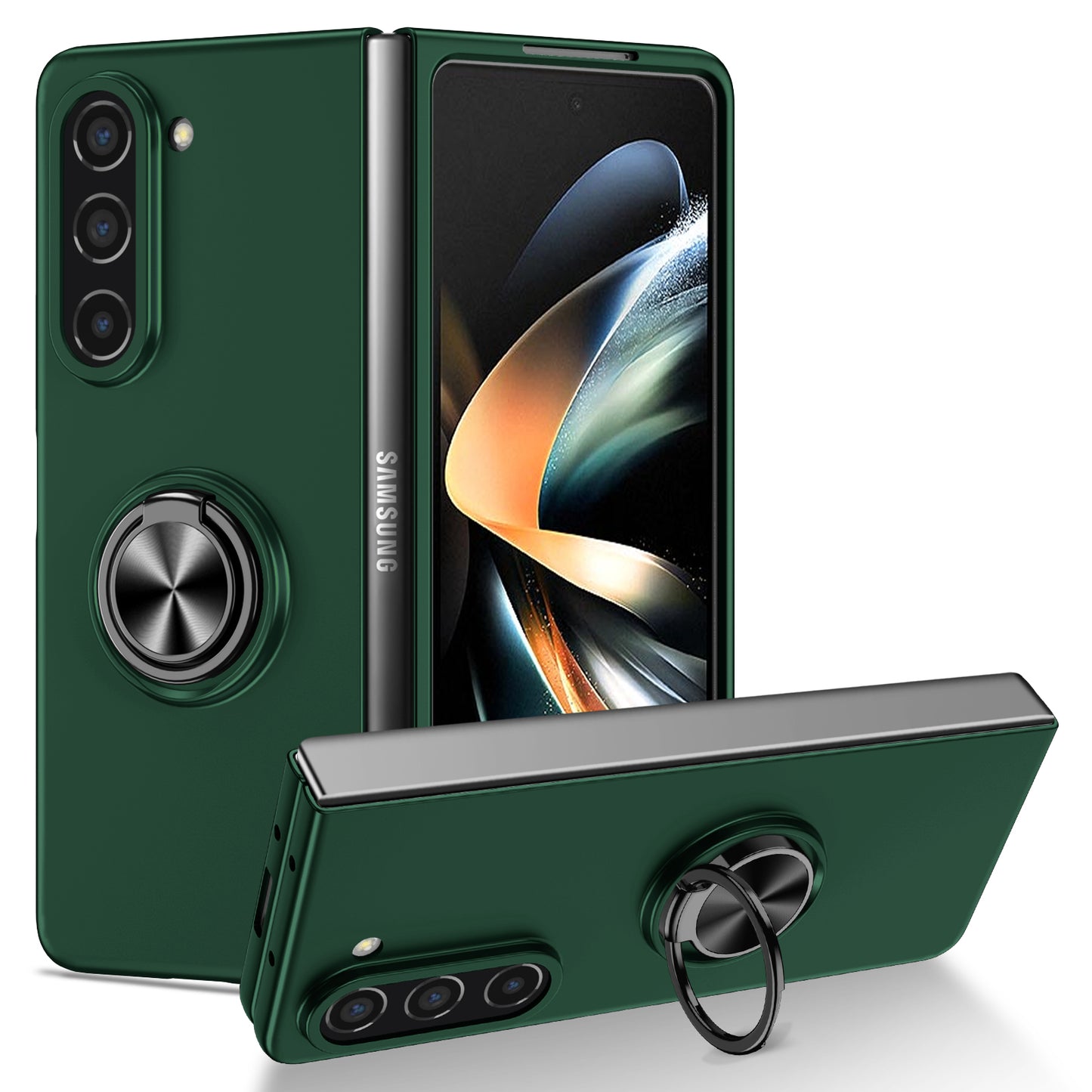 Uniqkart for Samsung Galaxy Z Fold5 5G Ring Kickstand Phone Case Support Car Mount Hard PC Protective Cover - Blackish Green