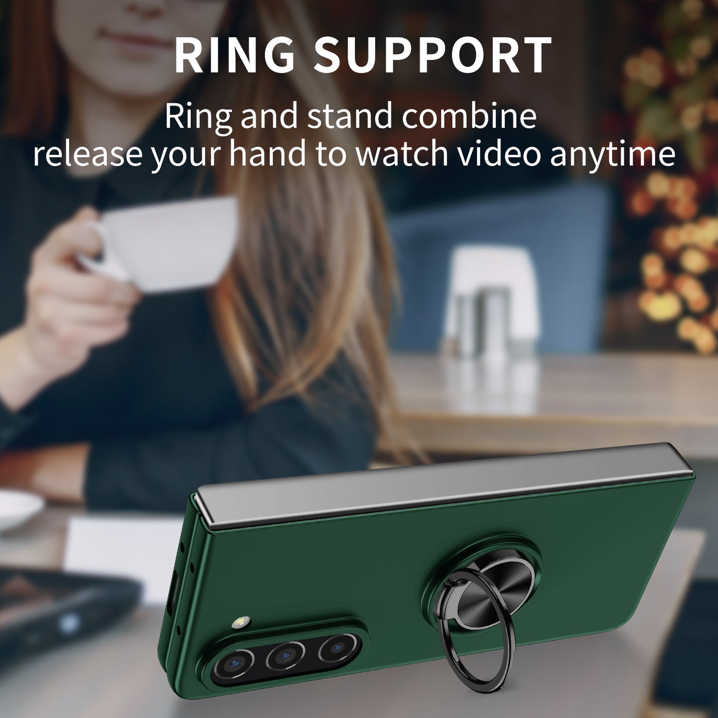 Uniqkart for Samsung Galaxy Z Fold5 5G Ring Kickstand Phone Case Support Car Mount Hard PC Protective Cover - Blackish Green