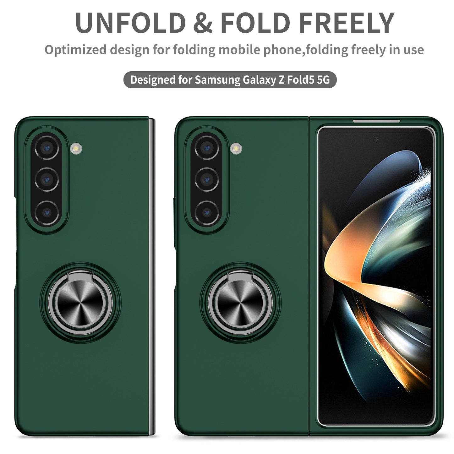 Uniqkart for Samsung Galaxy Z Fold5 5G Ring Kickstand Phone Case Support Car Mount Hard PC Protective Cover - Blackish Green