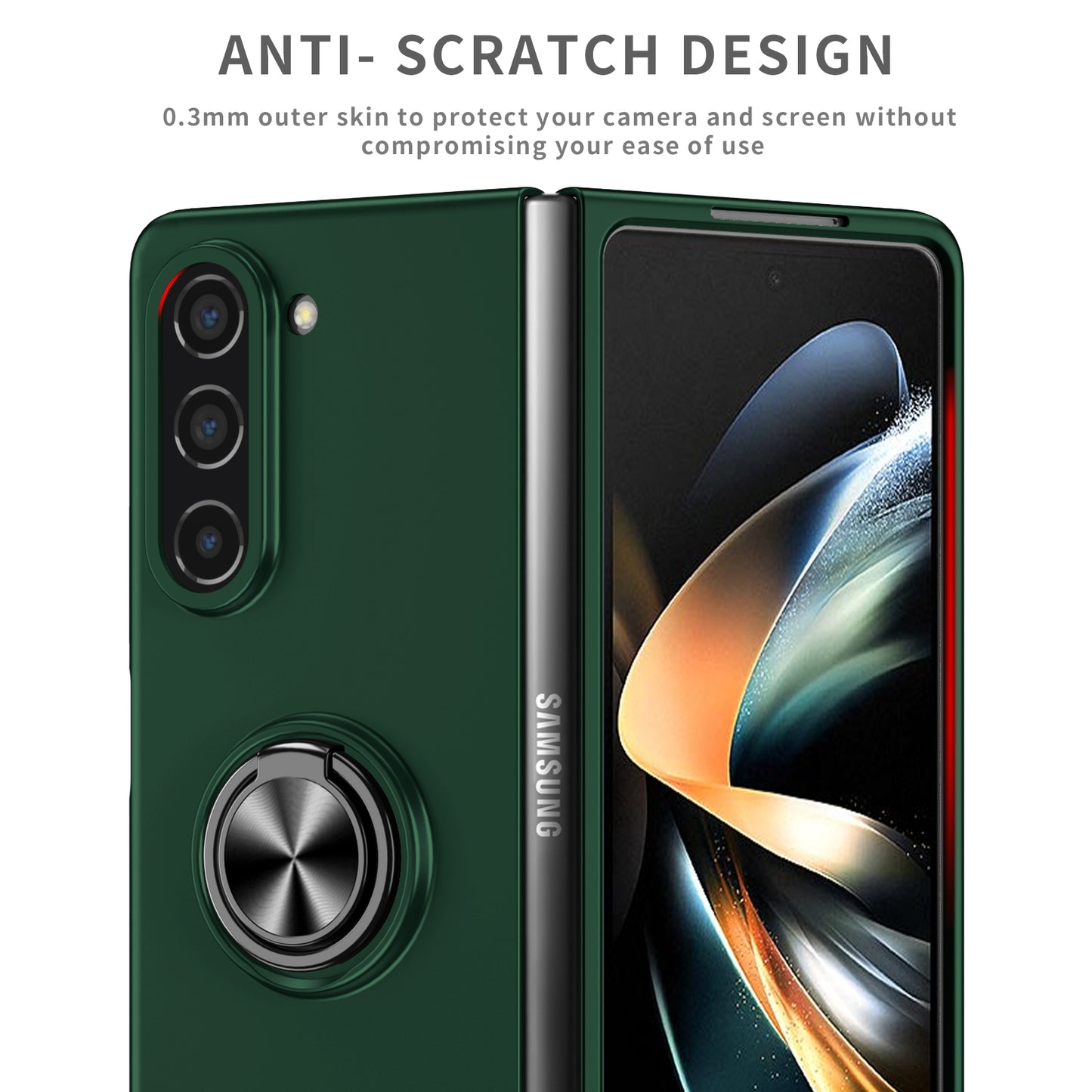 Uniqkart for Samsung Galaxy Z Fold5 5G Ring Kickstand Phone Case Support Car Mount Hard PC Protective Cover - Blackish Green