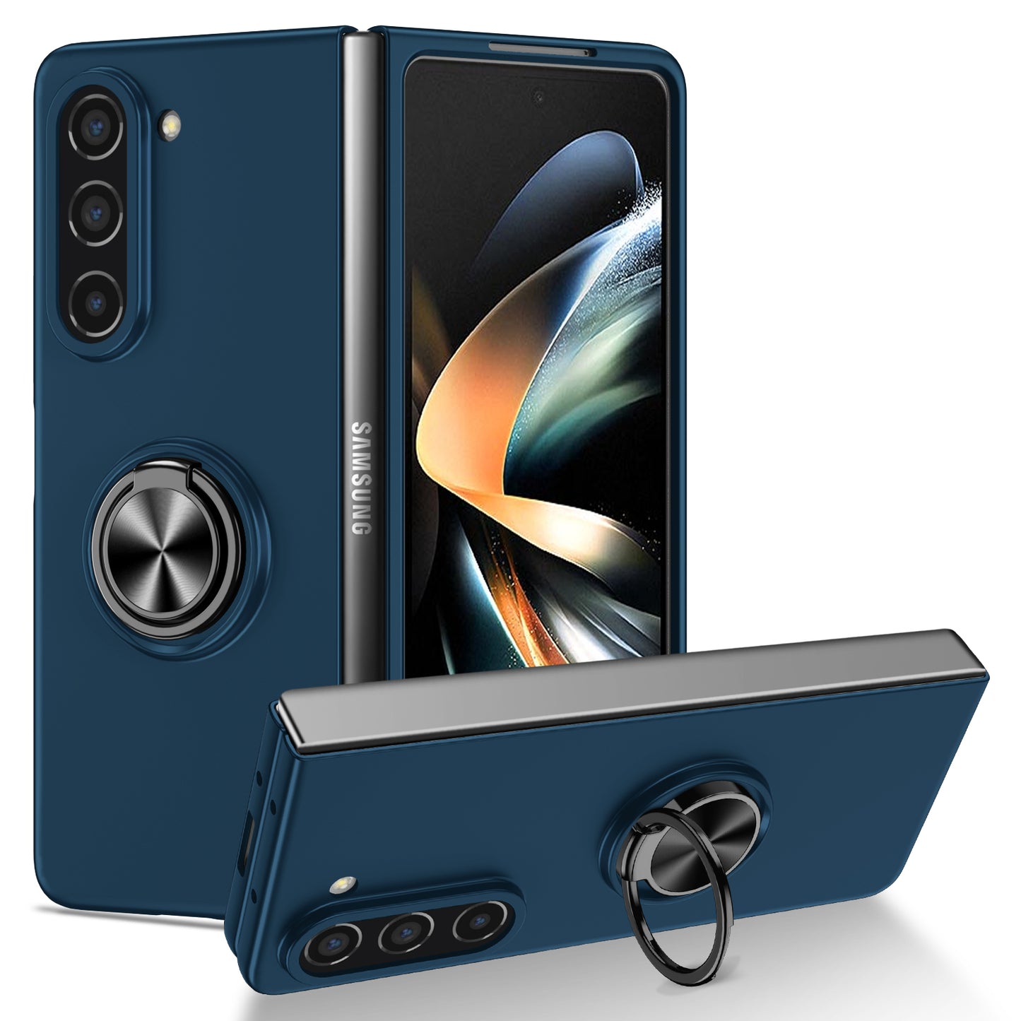 Uniqkart for Samsung Galaxy Z Fold5 5G Ring Kickstand Phone Case Support Car Mount Hard PC Protective Cover - Dark Blue