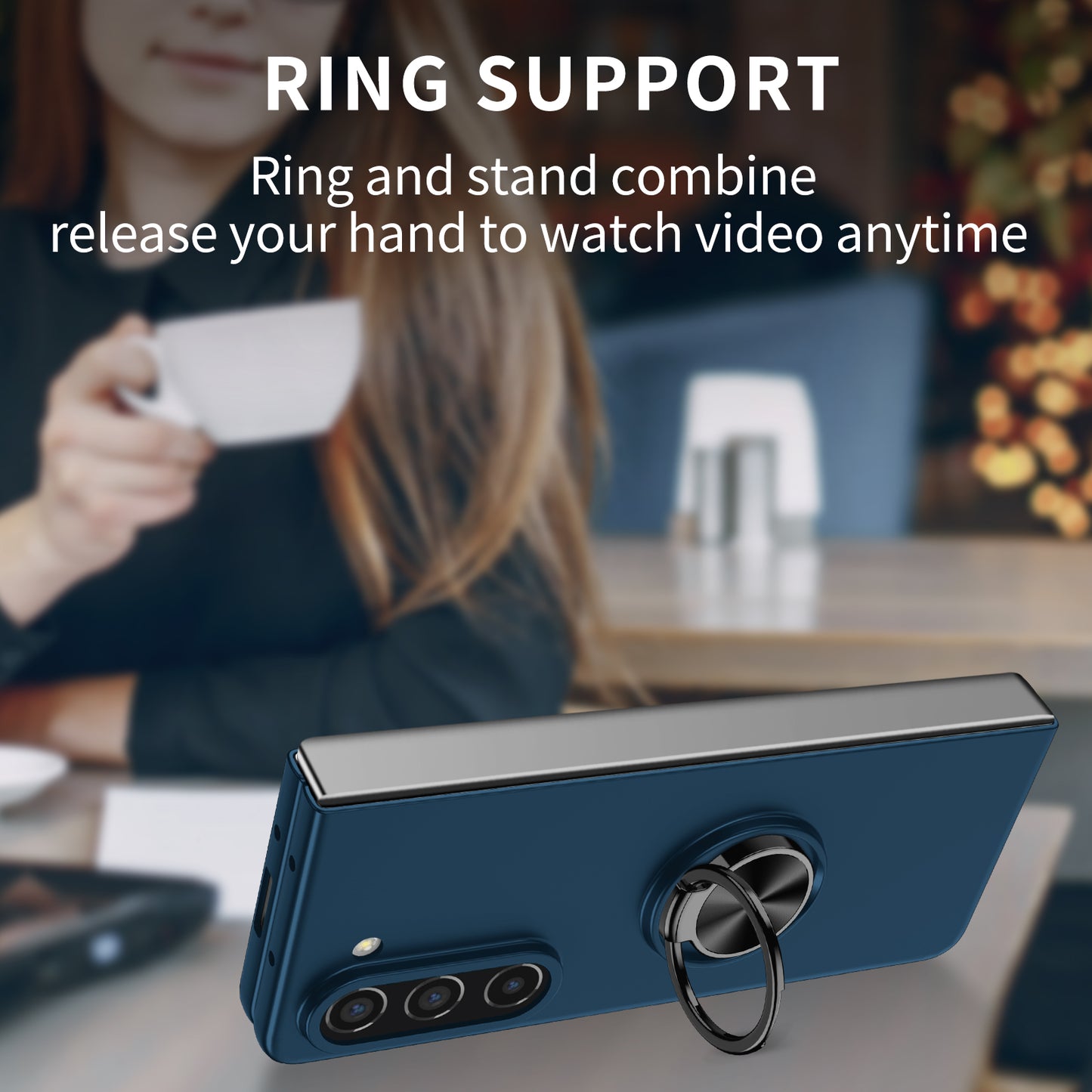 Uniqkart for Samsung Galaxy Z Fold5 5G Ring Kickstand Phone Case Support Car Mount Hard PC Protective Cover - Dark Blue