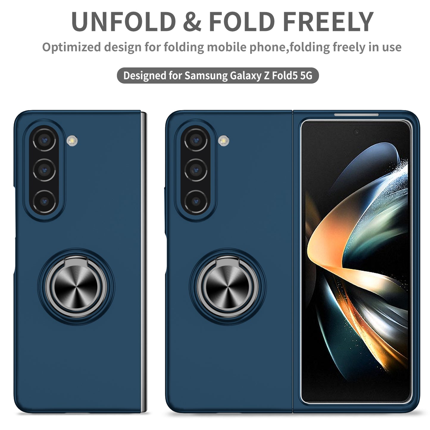 Uniqkart for Samsung Galaxy Z Fold5 5G Ring Kickstand Phone Case Support Car Mount Hard PC Protective Cover - Dark Blue