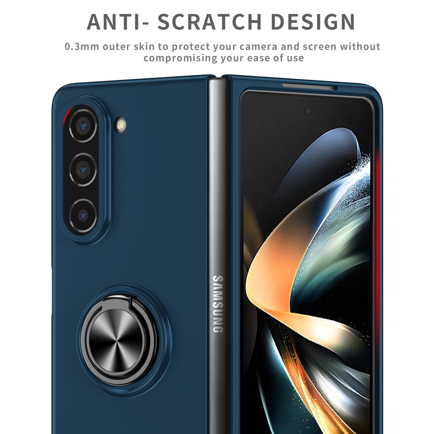 Uniqkart for Samsung Galaxy Z Fold5 5G Ring Kickstand Phone Case Support Car Mount Hard PC Protective Cover - Dark Blue