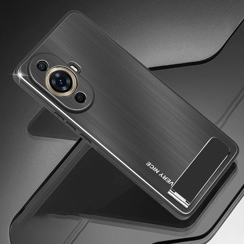 Uniqkart for Huawei nova 11 Pro / 11 Ultra Aluminium Alloy+TPU Cover Brushed Phone Case with Kickstand - Black
