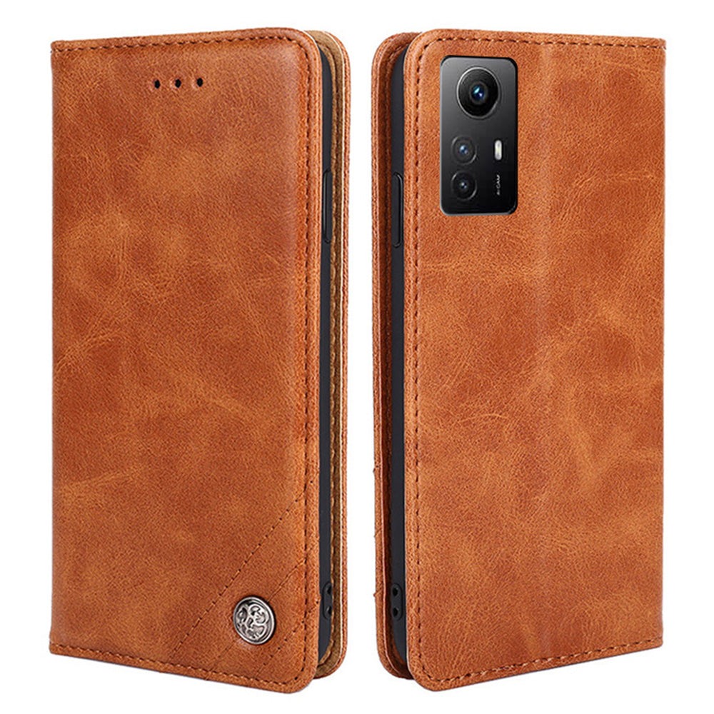 Uniqkart for Xiaomi Redmi Note 12S 4G Anti-Scratch Wallet Stand PU Leather Shell Triangle Stitching Line Phone Case - Brown