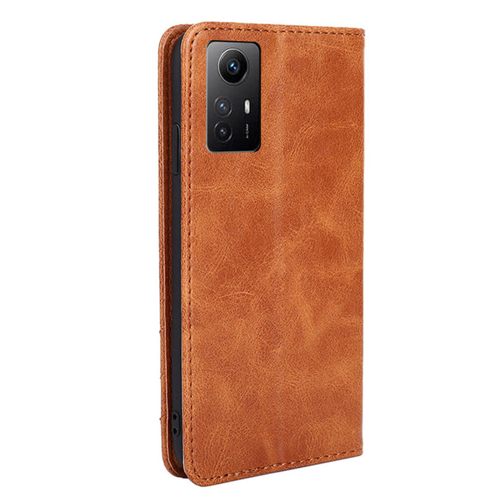 Uniqkart for Xiaomi Redmi Note 12S 4G Anti-Scratch Wallet Stand PU Leather Shell Triangle Stitching Line Phone Case - Brown