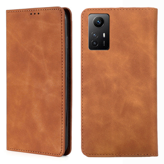 Uniqkart for Xiaomi Redmi Note 12S 4G Skin-touch Flip Stand Phone Case Card Holder PU Leather Smartphone Cover - Light Brown