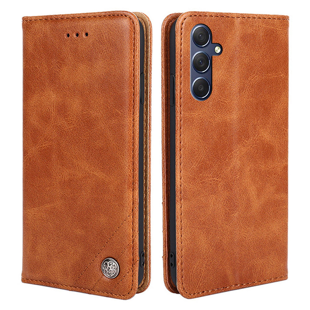 Uniqkart for Samsung Galaxy M54 / F54 5G Leather Wallet Stand Shell Triangle Stitching Line Phone Case - Brown