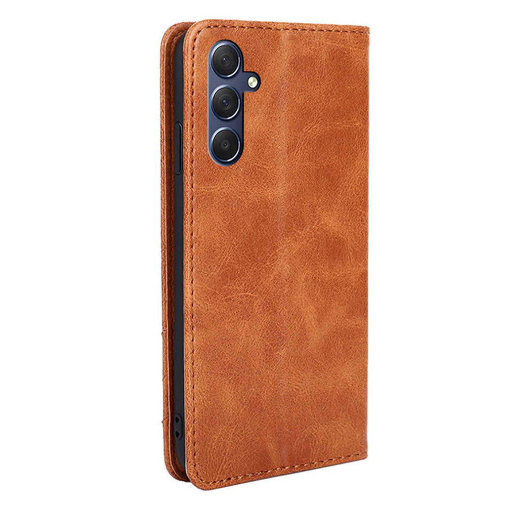 Uniqkart for Samsung Galaxy M54 / F54 5G Leather Wallet Stand Shell Triangle Stitching Line Phone Case - Brown