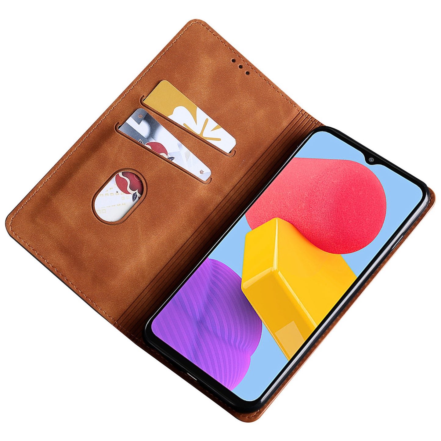 Uniqkart for Samsung Galaxy M54 / F54 5G Card Holder PU Leather Cover Skin-touch Flip Stand Phone Case - Light Brown