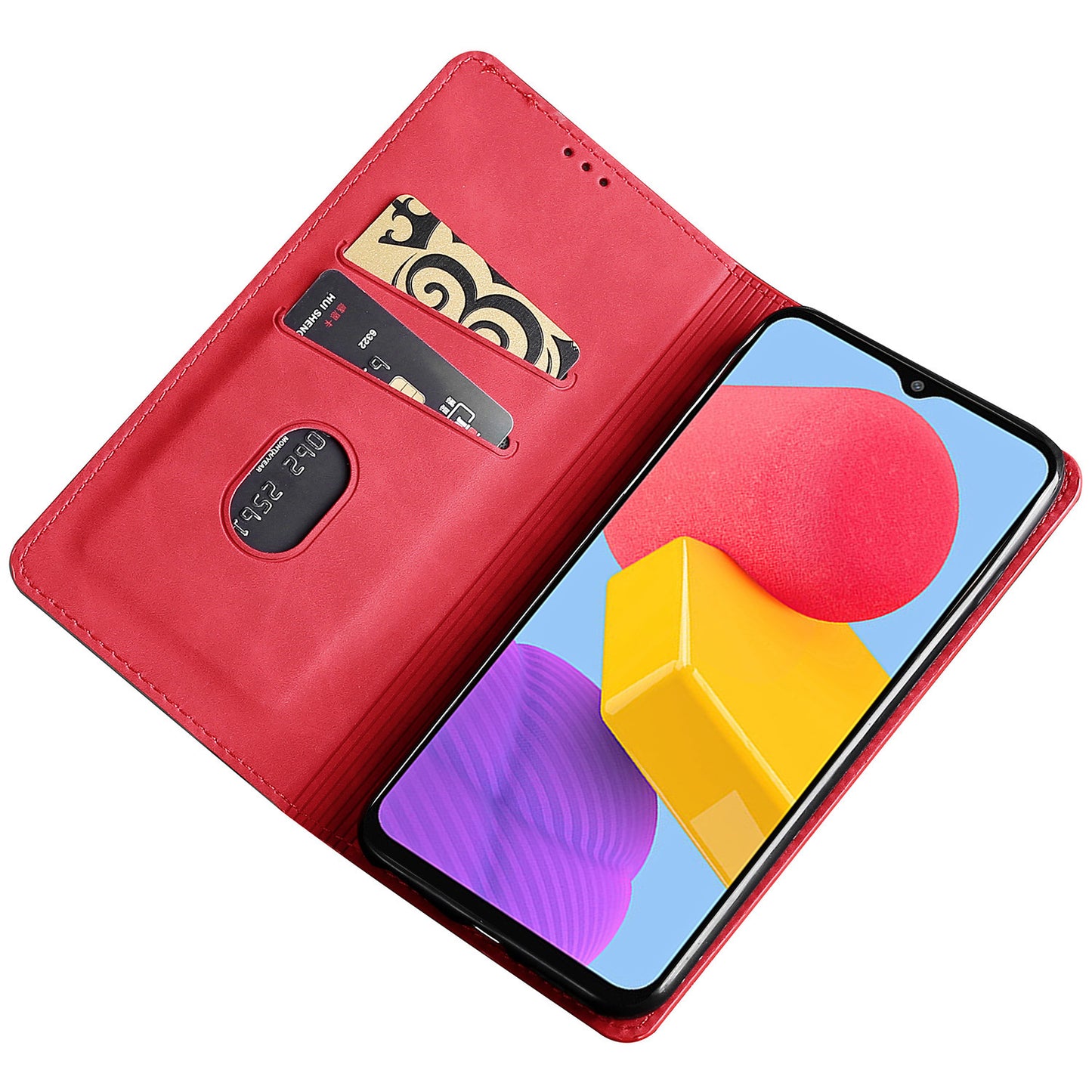 Uniqkart for Samsung Galaxy M54 / F54 5G Card Holder PU Leather Cover Skin-touch Flip Stand Phone Case - Red