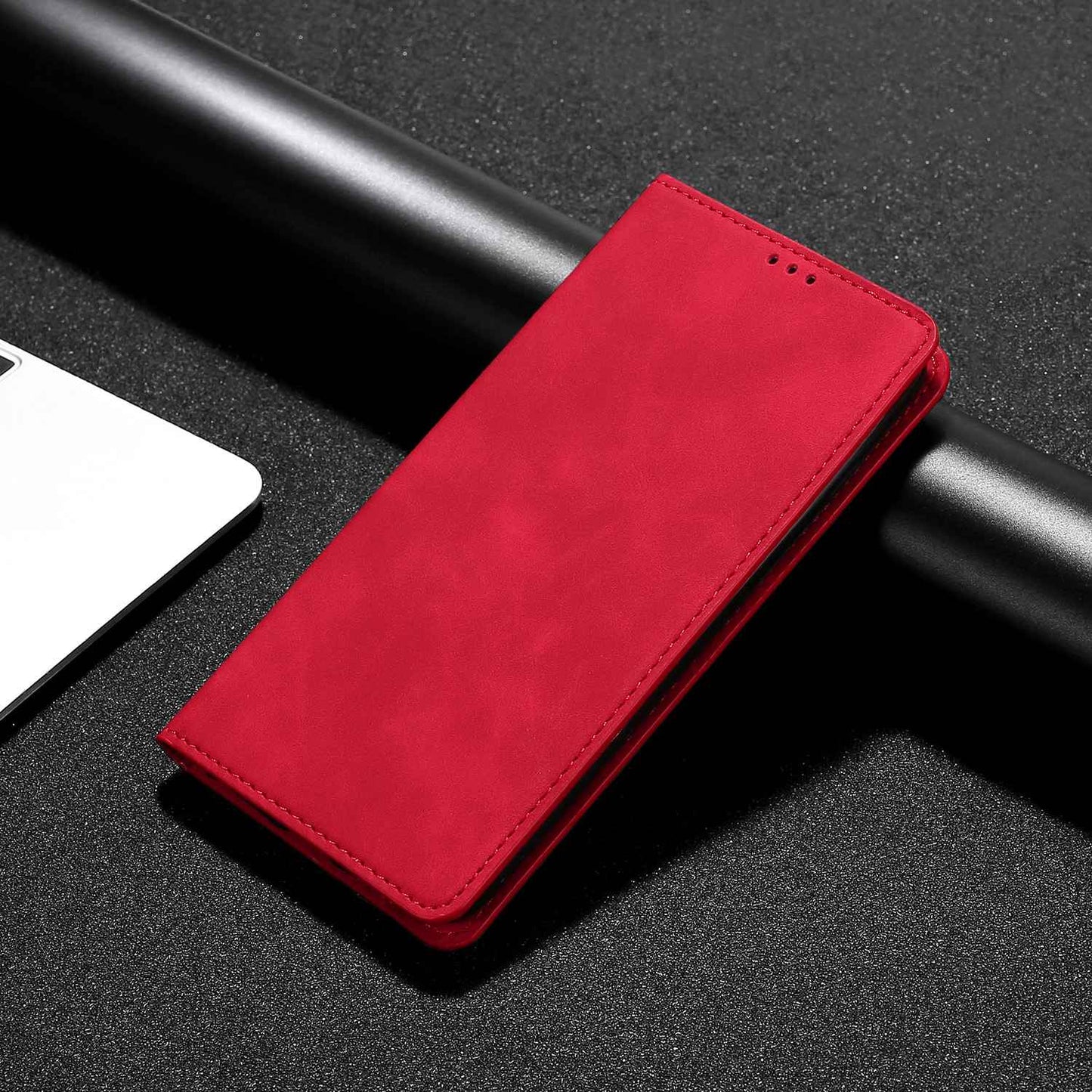 Uniqkart for Samsung Galaxy M54 / F54 5G Card Holder PU Leather Cover Skin-touch Flip Stand Phone Case - Red