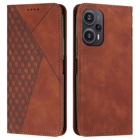 Uniqkart for Xiaomi Poco F5 5G / Redmi Note 12 Turbo Imprinted Rhombus Leather Case Phone Stand Wallet Cover - Brown