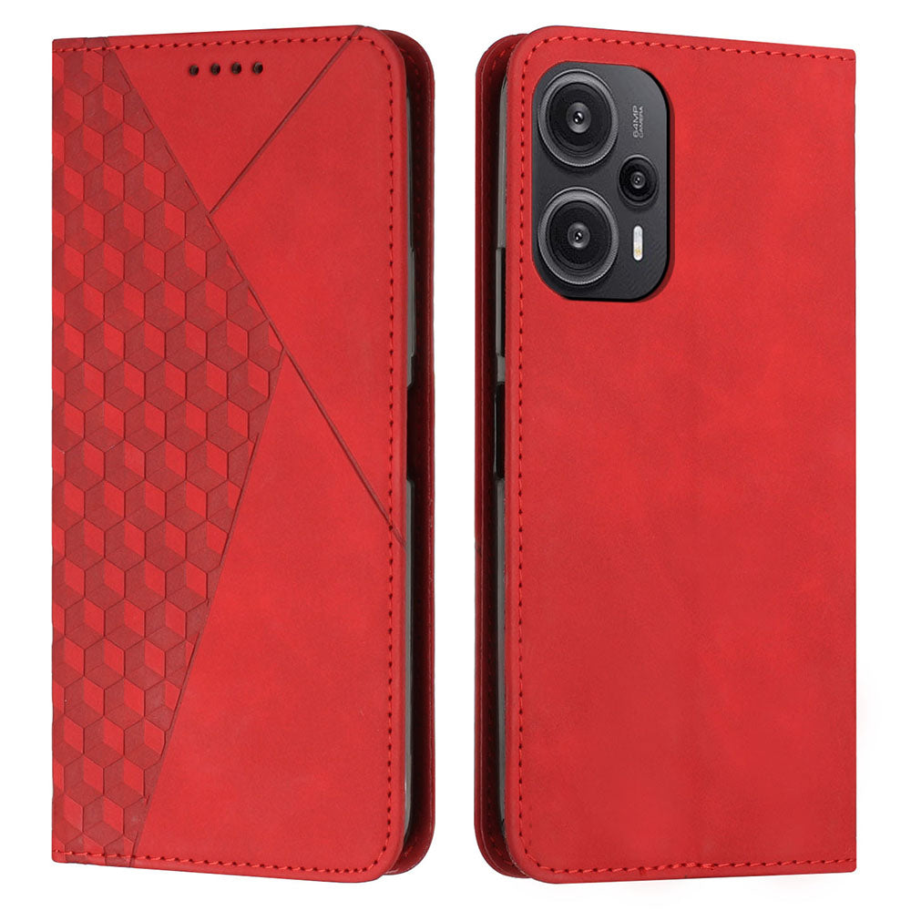 Uniqkart for Xiaomi Poco F5 5G / Redmi Note 12 Turbo Imprinted Rhombus Leather Case Phone Stand Wallet Cover - Red