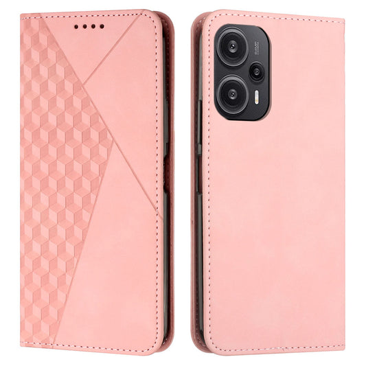 Uniqkart for Xiaomi Poco F5 5G / Redmi Note 12 Turbo Imprinted Rhombus Leather Case Phone Stand Wallet Cover - Rose Gold