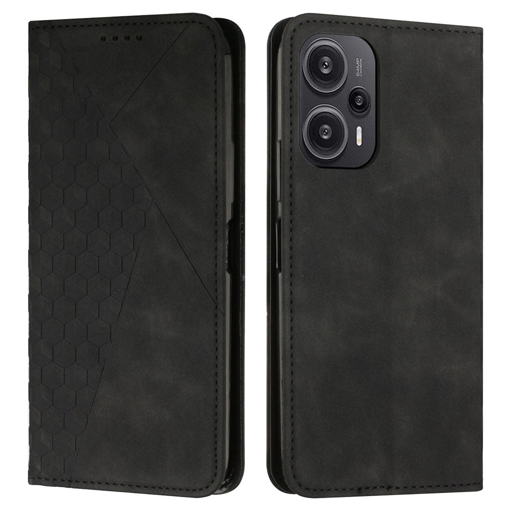 Uniqkart for Xiaomi Poco F5 5G / Redmi Note 12 Turbo Imprinted Rhombus Leather Case Phone Stand Wallet Cover - Black