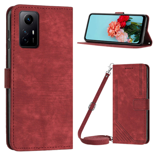 Leather Case for Xiaomi Redmi Note 12S 4G Lines Imprinted Stand Wallet Phone Cover with Shoulder Strap - Red