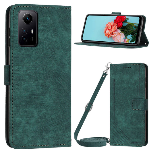 Leather Case for Xiaomi Redmi Note 12S 4G Lines Imprinted Stand Wallet Phone Cover with Shoulder Strap - Green