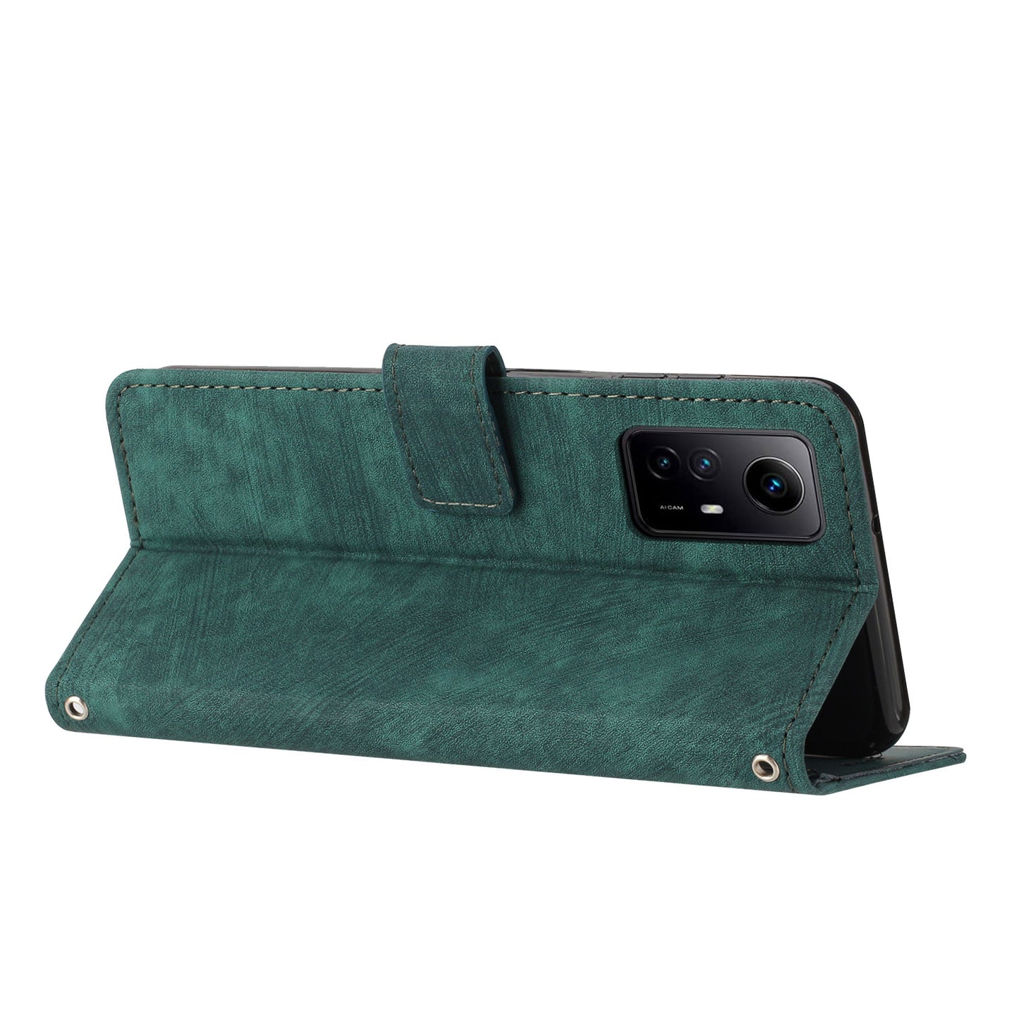 Leather Case for Xiaomi Redmi Note 12S 4G Lines Imprinted Stand Wallet Phone Cover with Shoulder Strap - Green
