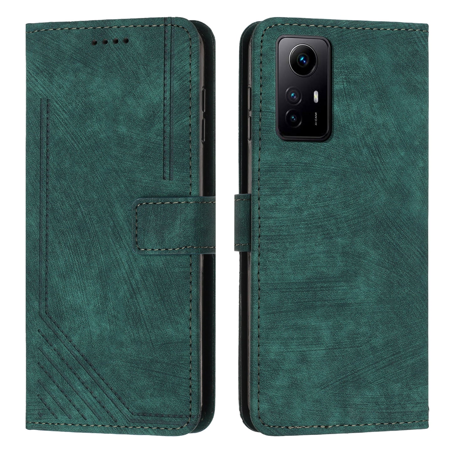 Leather Case for Xiaomi Redmi Note 12S 4G Lines Imprinted Stand Wallet Phone Cover with Shoulder Strap - Green
