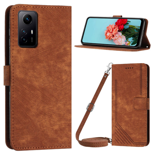 Leather Case for Xiaomi Redmi Note 12S 4G Lines Imprinted Stand Wallet Phone Cover with Shoulder Strap - Brown