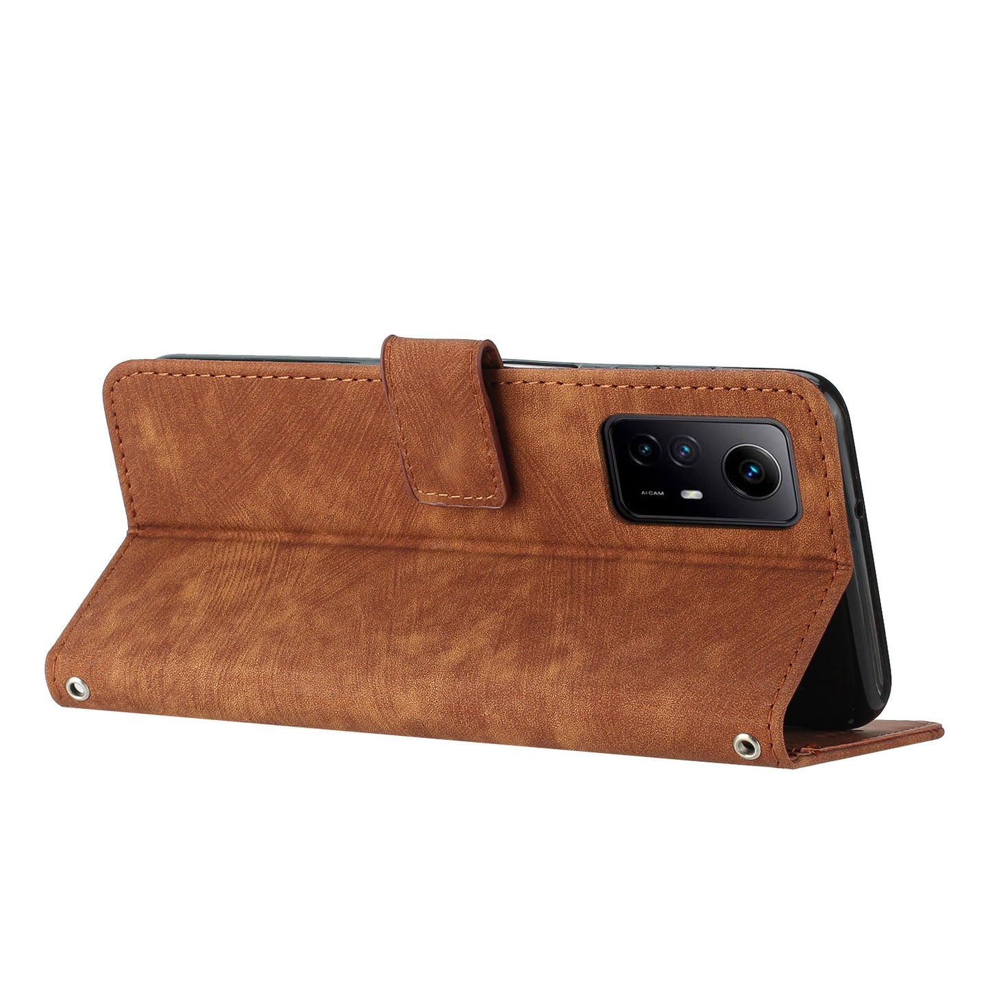 Leather Case for Xiaomi Redmi Note 12S 4G Lines Imprinted Stand Wallet Phone Cover with Shoulder Strap - Brown