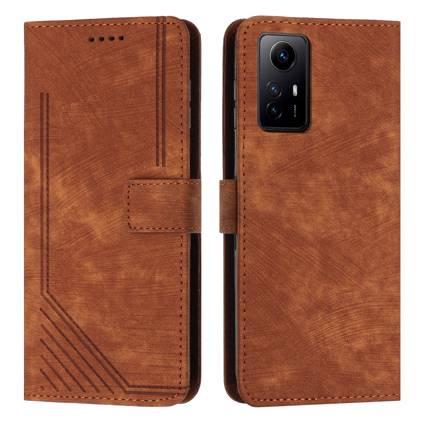Leather Case for Xiaomi Redmi Note 12S 4G Lines Imprinted Stand Wallet Phone Cover with Shoulder Strap - Brown
