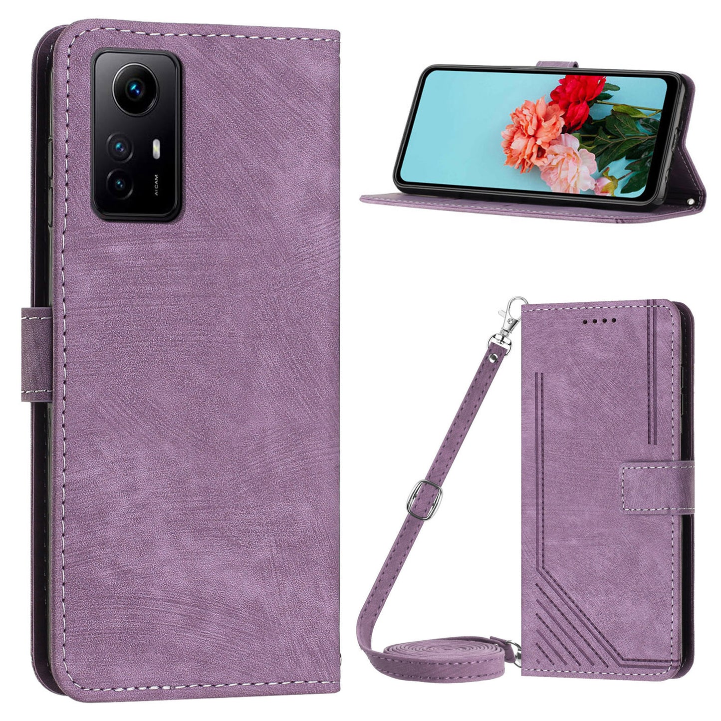 Leather Case for Xiaomi Redmi Note 12S 4G Lines Imprinted Stand Wallet Phone Cover with Shoulder Strap - Purple