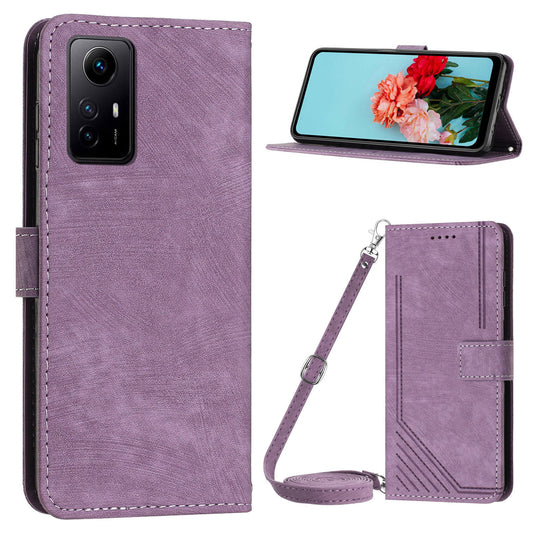 Leather Case for Xiaomi Redmi Note 12S 4G Lines Imprinted Stand Wallet Phone Cover with Shoulder Strap - Purple