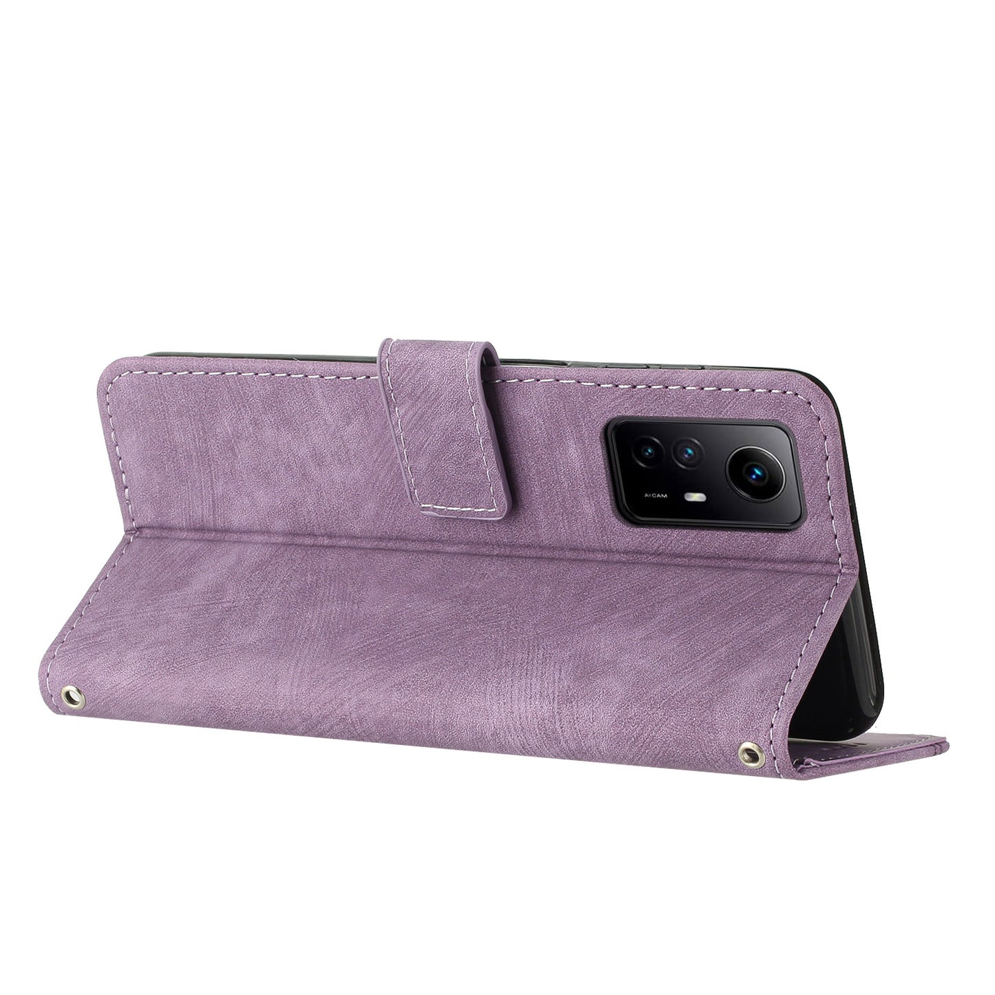 Leather Case for Xiaomi Redmi Note 12S 4G Lines Imprinted Stand Wallet Phone Cover with Shoulder Strap - Purple