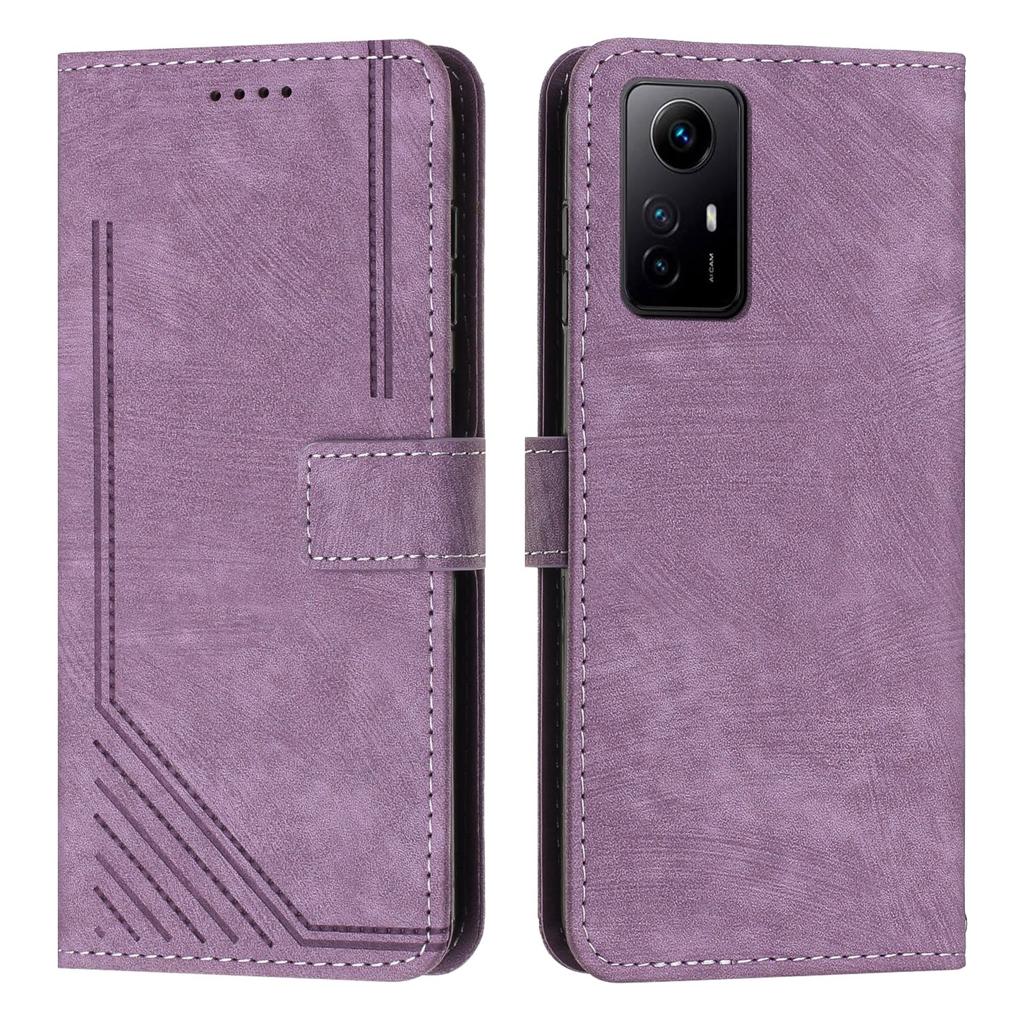 Leather Case for Xiaomi Redmi Note 12S 4G Lines Imprinted Stand Wallet Phone Cover with Shoulder Strap - Purple