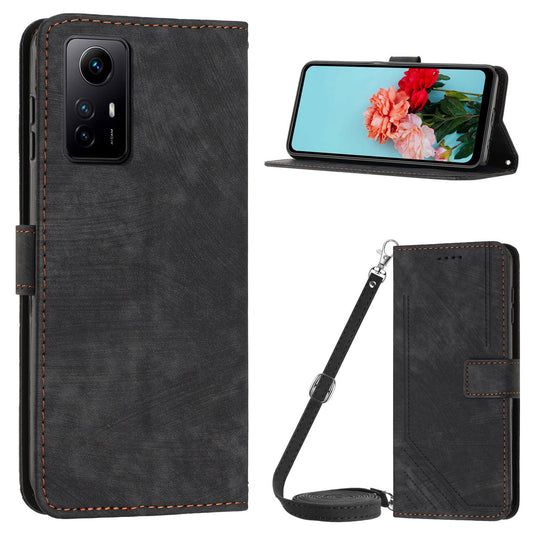 Leather Case for Xiaomi Redmi Note 12S 4G Lines Imprinted Stand Wallet Phone Cover with Shoulder Strap - Black
