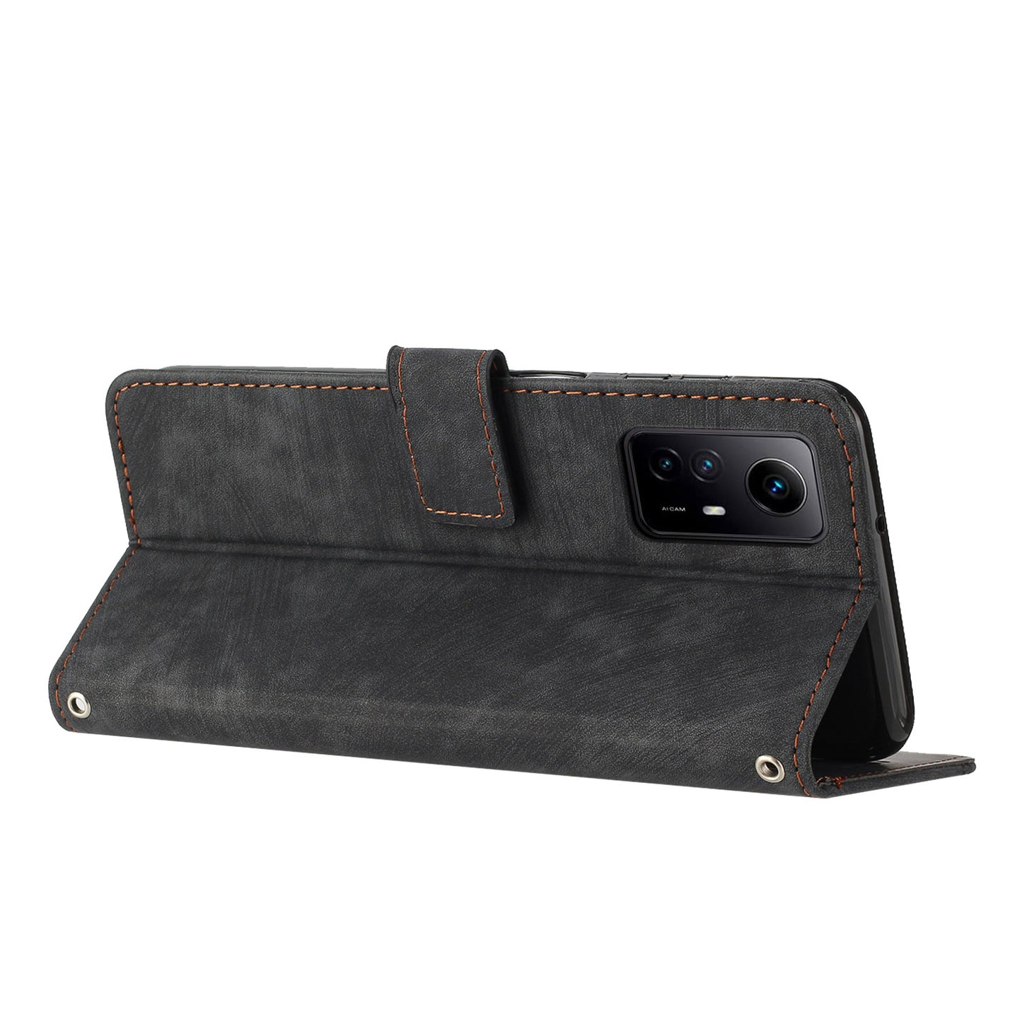 Leather Case for Xiaomi Redmi Note 12S 4G Lines Imprinted Stand Wallet Phone Cover with Shoulder Strap - Black