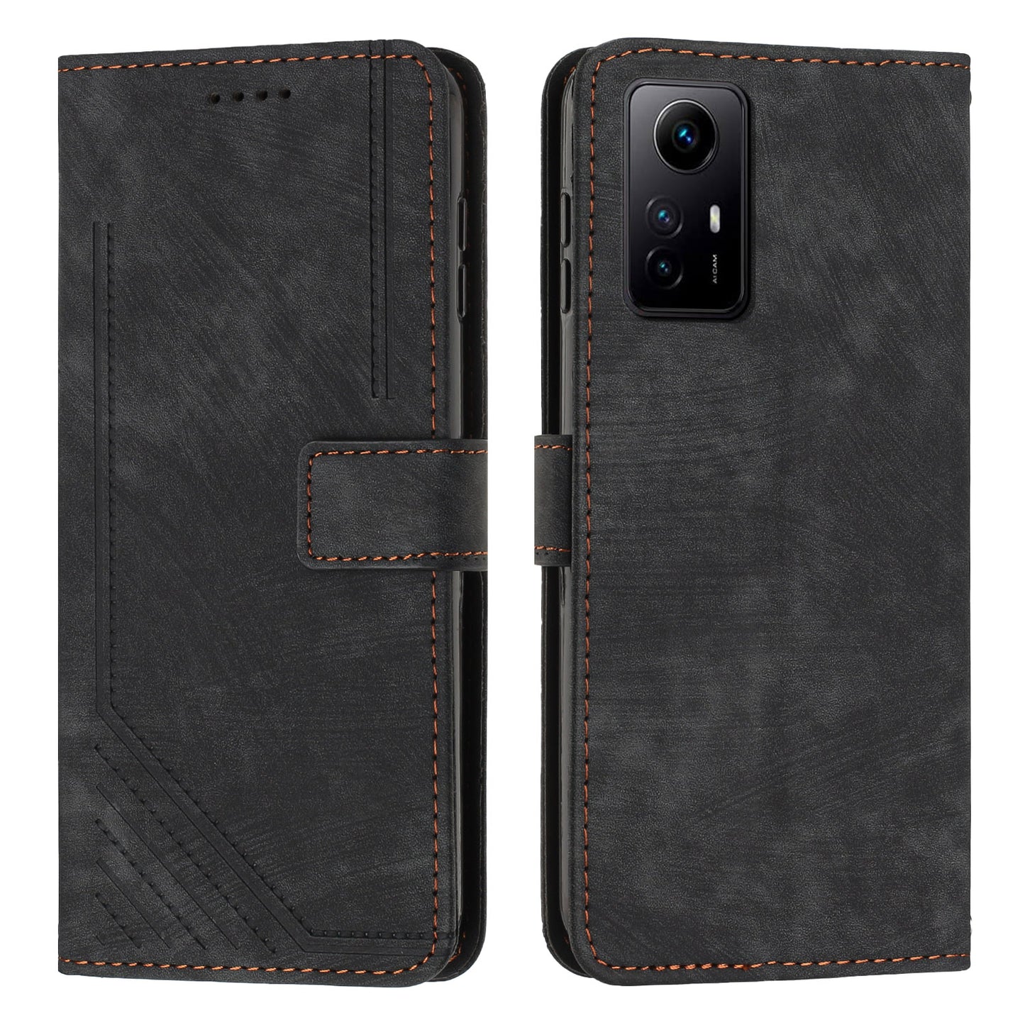 Leather Case for Xiaomi Redmi Note 12S 4G Lines Imprinted Stand Wallet Phone Cover with Shoulder Strap - Black