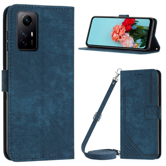 Leather Case for Xiaomi Redmi Note 12S 4G Lines Imprinted Stand Wallet Phone Cover with Shoulder Strap - Sapphire