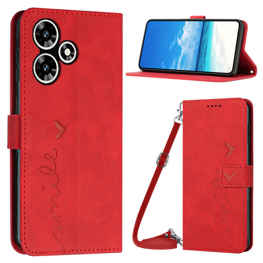 Stand Case for Infinix Hot 30 Play NFC 4G Heart Shape PU Leather Wallet Phone Cover with Shoulder Strap - Red